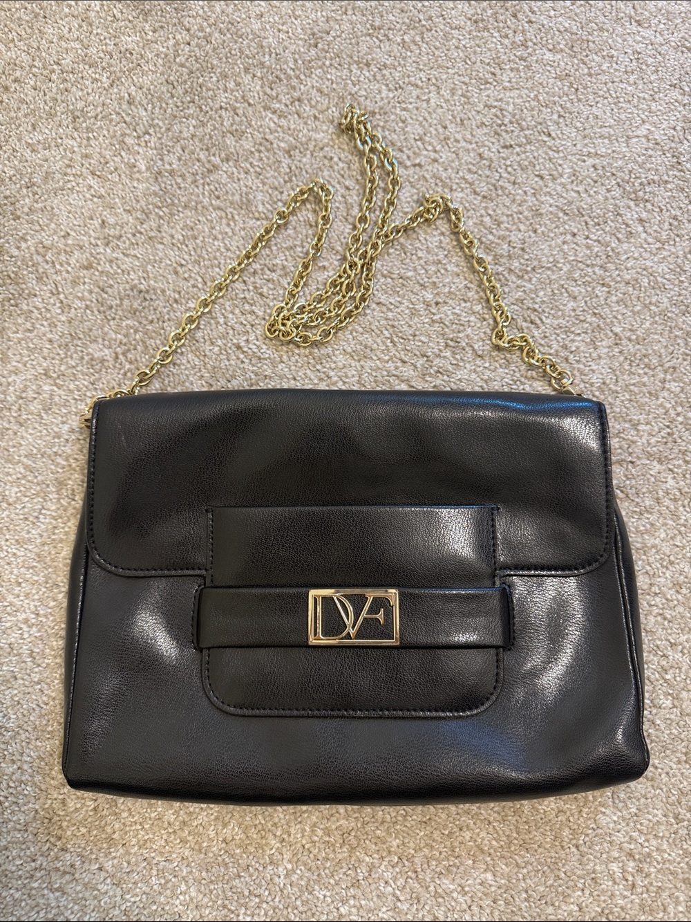 Diane Von Furstenberg Black Leather Crossbody with Gold Chain